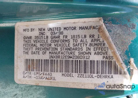 1998 Toyota Corolla Ve z USA, uszkodzony, nr VIN 1NXBR12E9WZ080912